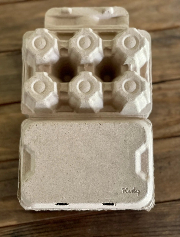 Henlay duck egg carton holds half-dozen jumbo eggs; blank flat top, natural kraft