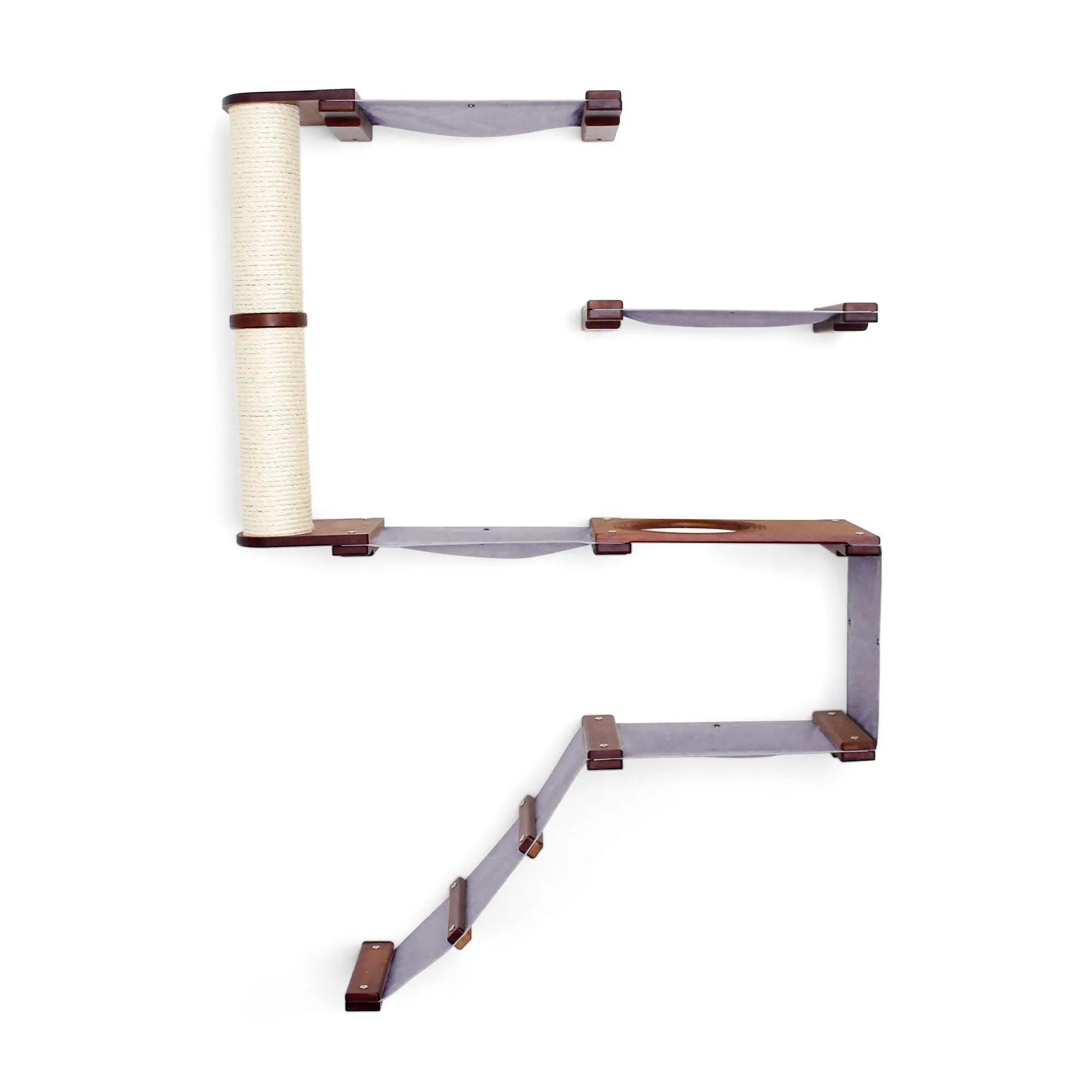 The Deluxe Cat Fort cat condo; beige sisal post with purple fabric platforms and wood accents.