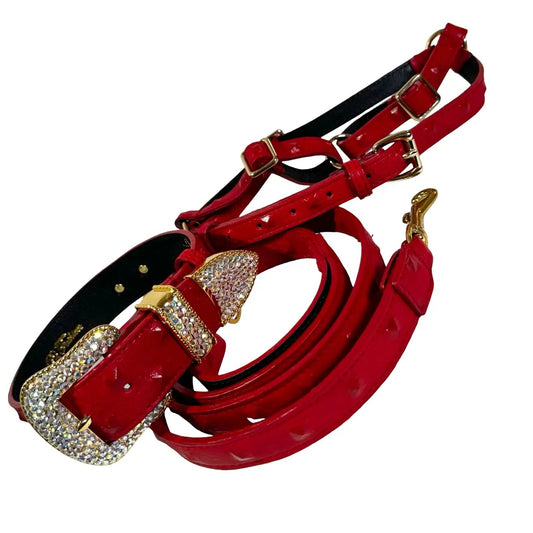 Bella Rosso Swarovski Crystal Collar Leash & Harness Luxe Set in red patent leather with gold hardware