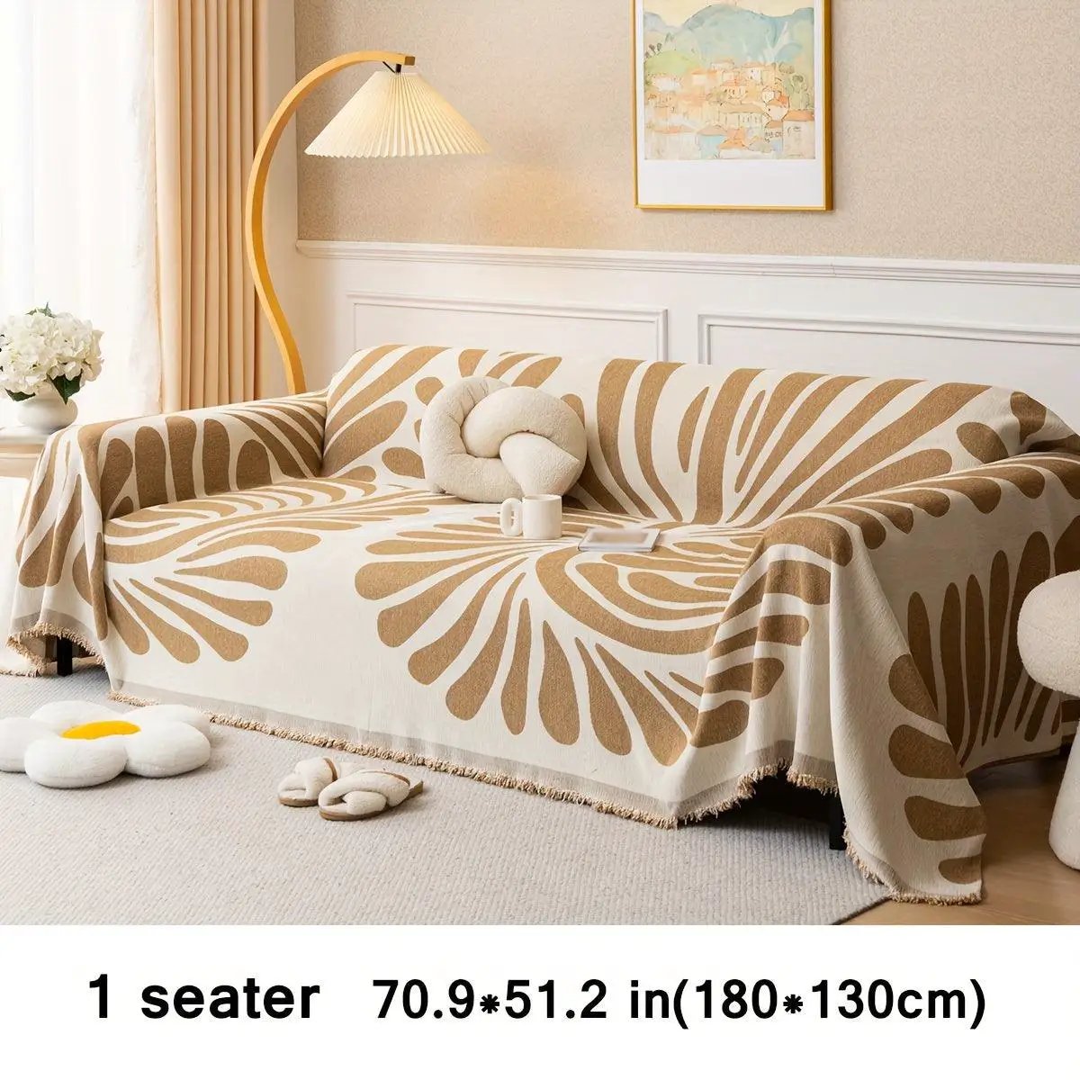Versatile chenille sofa cover for 1 seater; cream with orange-brown abstract pattern