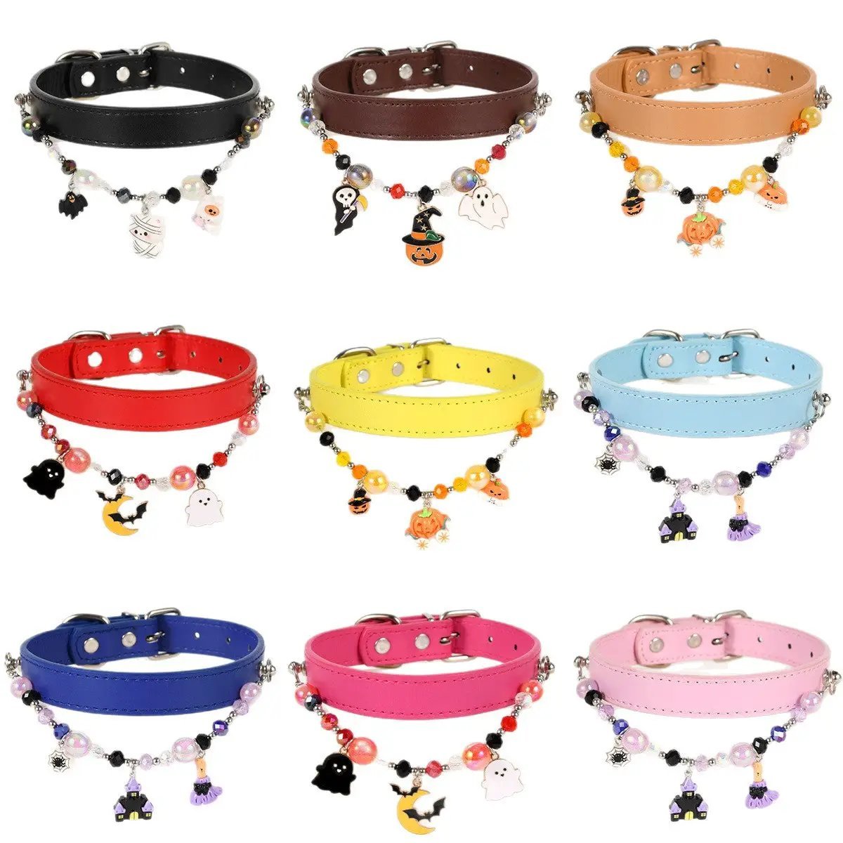 Cat collar set from The Halloween Edit; 9 beaded Halloween collars with ghost, pumpkin and bat charms in colors.