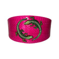 Load image into Gallery viewer, Fuchsia pink snake-embossed cuff bracelet with green rhinestone alligators; Allysa Payne Beverly Hills
