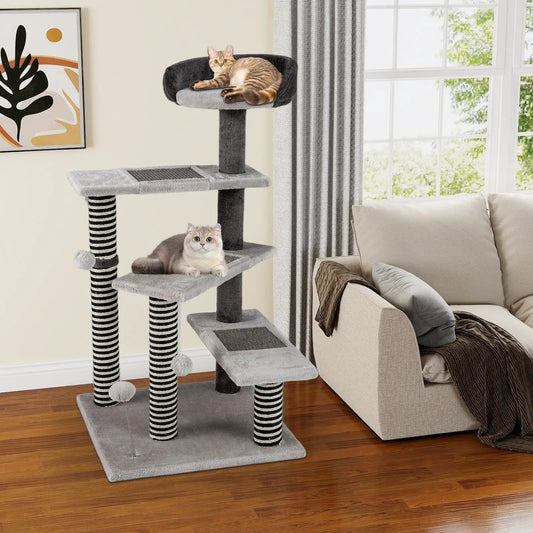 DirectDeals 93 cm gray cat tree with sisal and jute posts; two lounging cats.