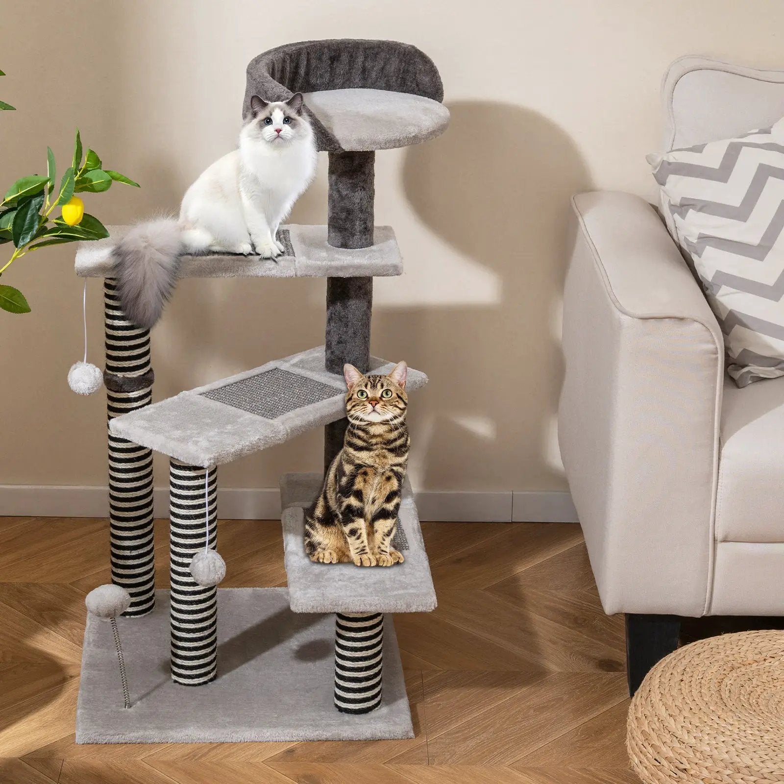 Cat tree tower, gray 93 cm tall with sisal and jute posts; two cats on the steps.