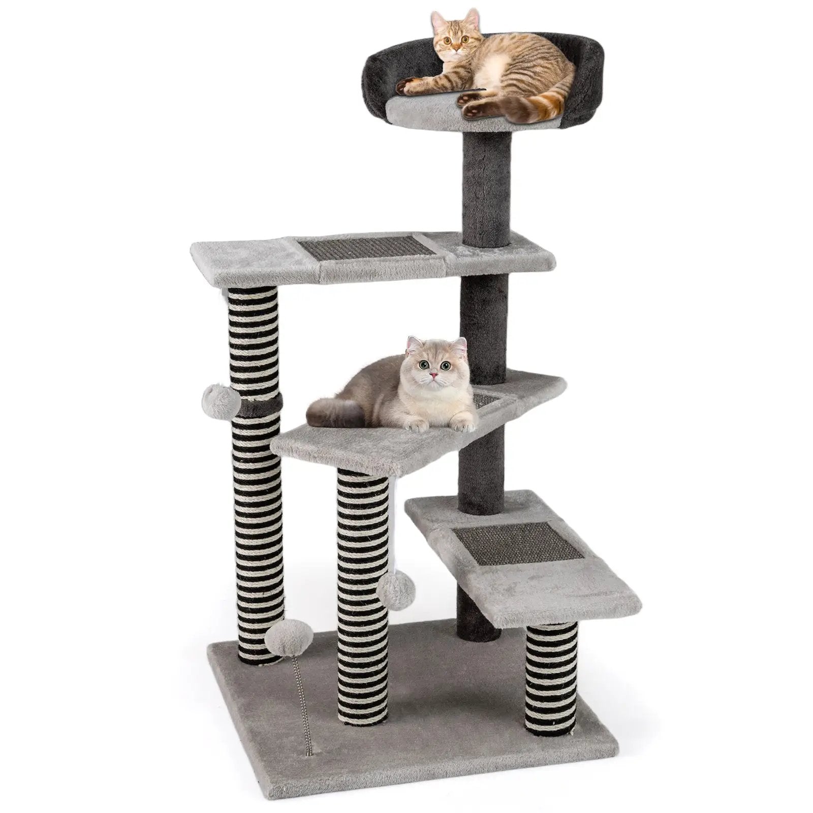93 cm tall gray cat tree by DirectDeals with sisal posts and jute scratching pads, two cats.