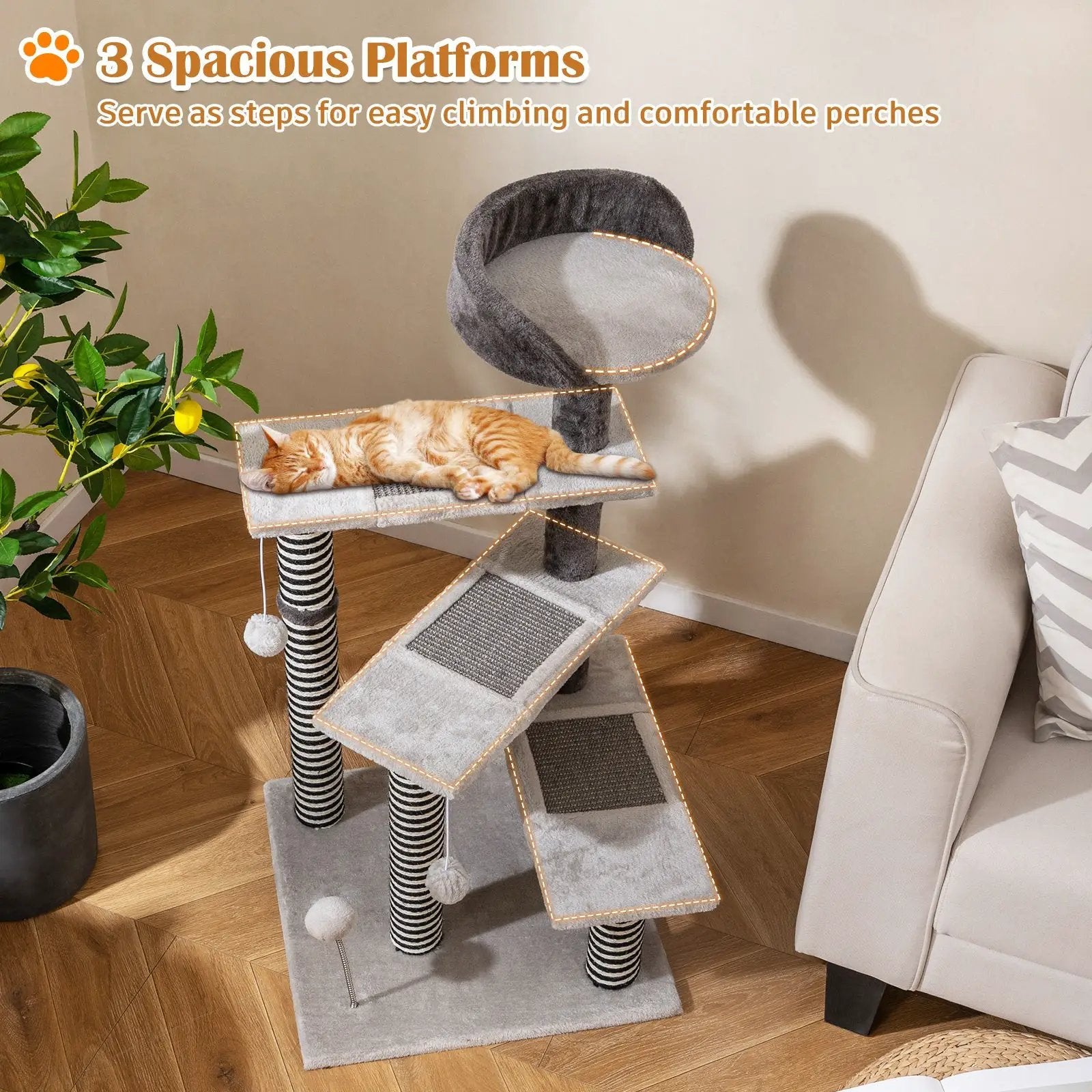 DirectDeals 93 cm tall cat tree with gray plush, sisal and jute scratch posts; cat lounging on a platform.