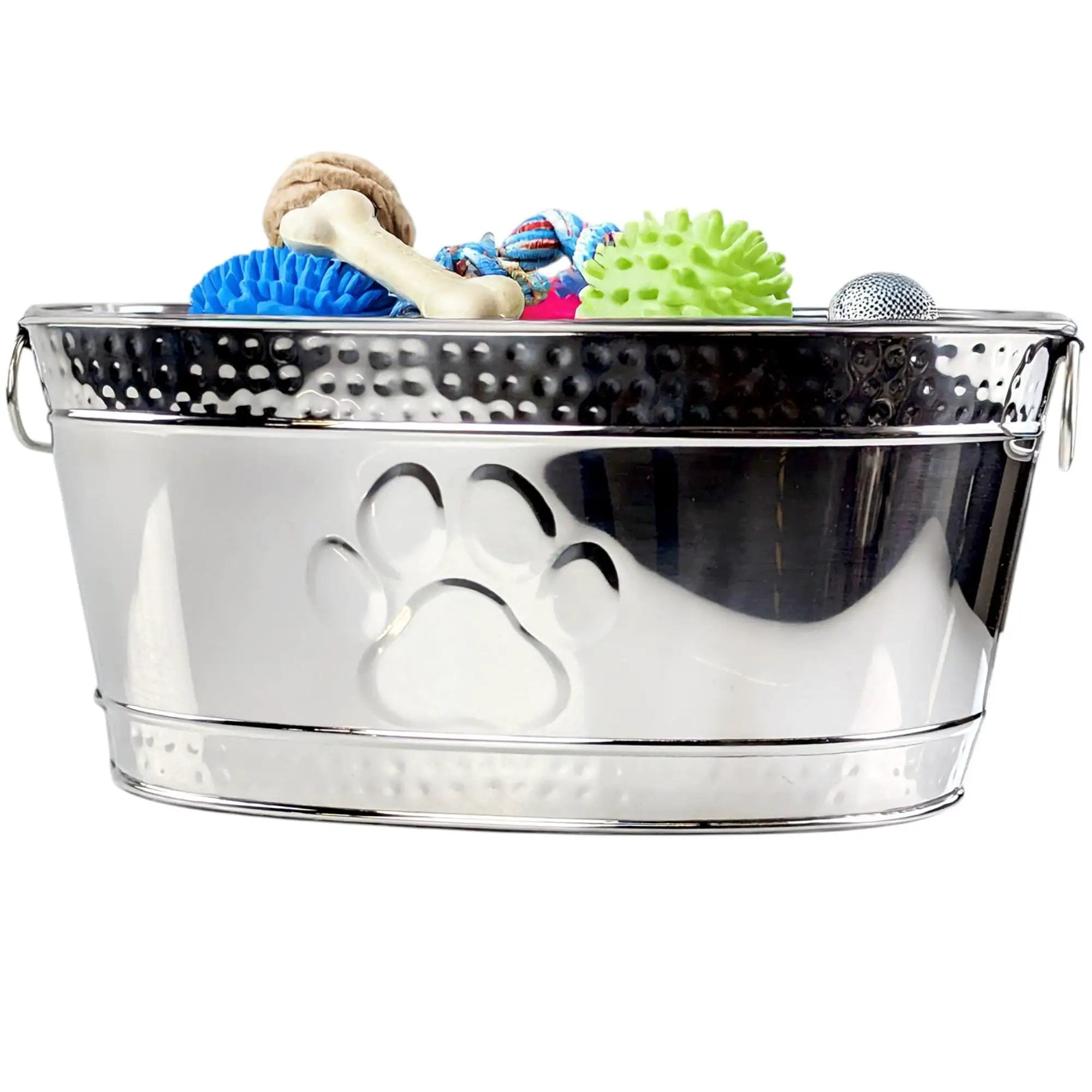 Metal Indestructible Dog Toy Bin - Steel Dog Toy Basket with Handles Pet Toy Box Oval for Blankets Leashes & Toys for Aggressive Chewers - Pawprint Design Home Decor (Silver) - from For Animals, With Love