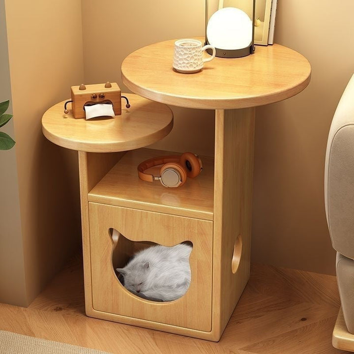 Natural-finish table with cat inside lower compartment