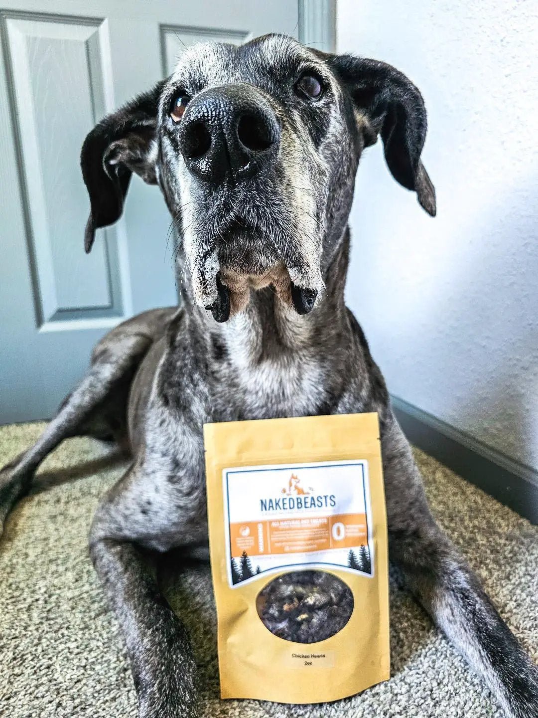 Chicken Hearts small-animal treats by Naked Beasts in a yellow package with a dog in the foreground.