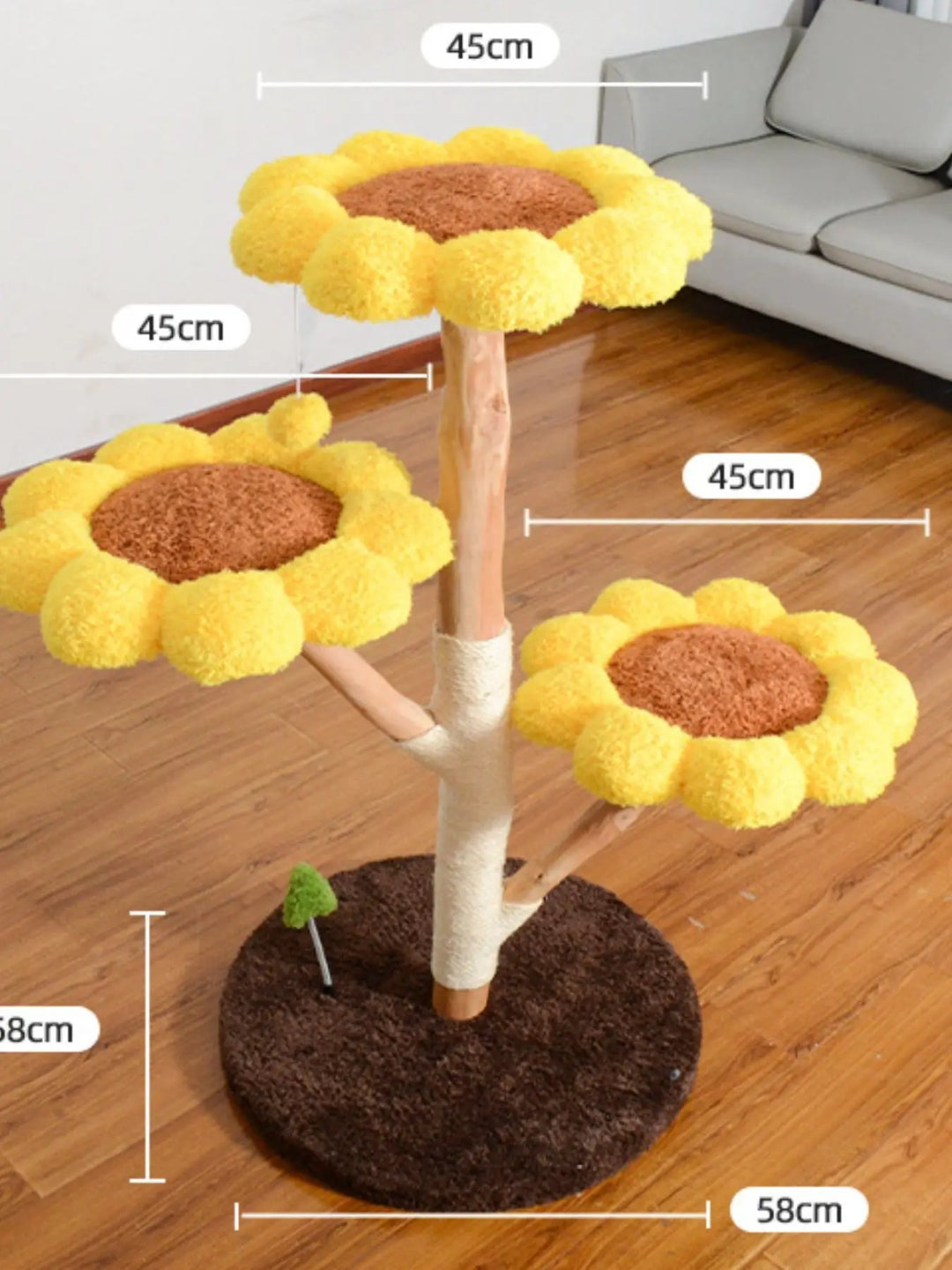 Solana Sunflower Cat Tree measurement graphic labeling flower platforms 45 cm (17.7 in) across and base 58 cm (22.8 in) across