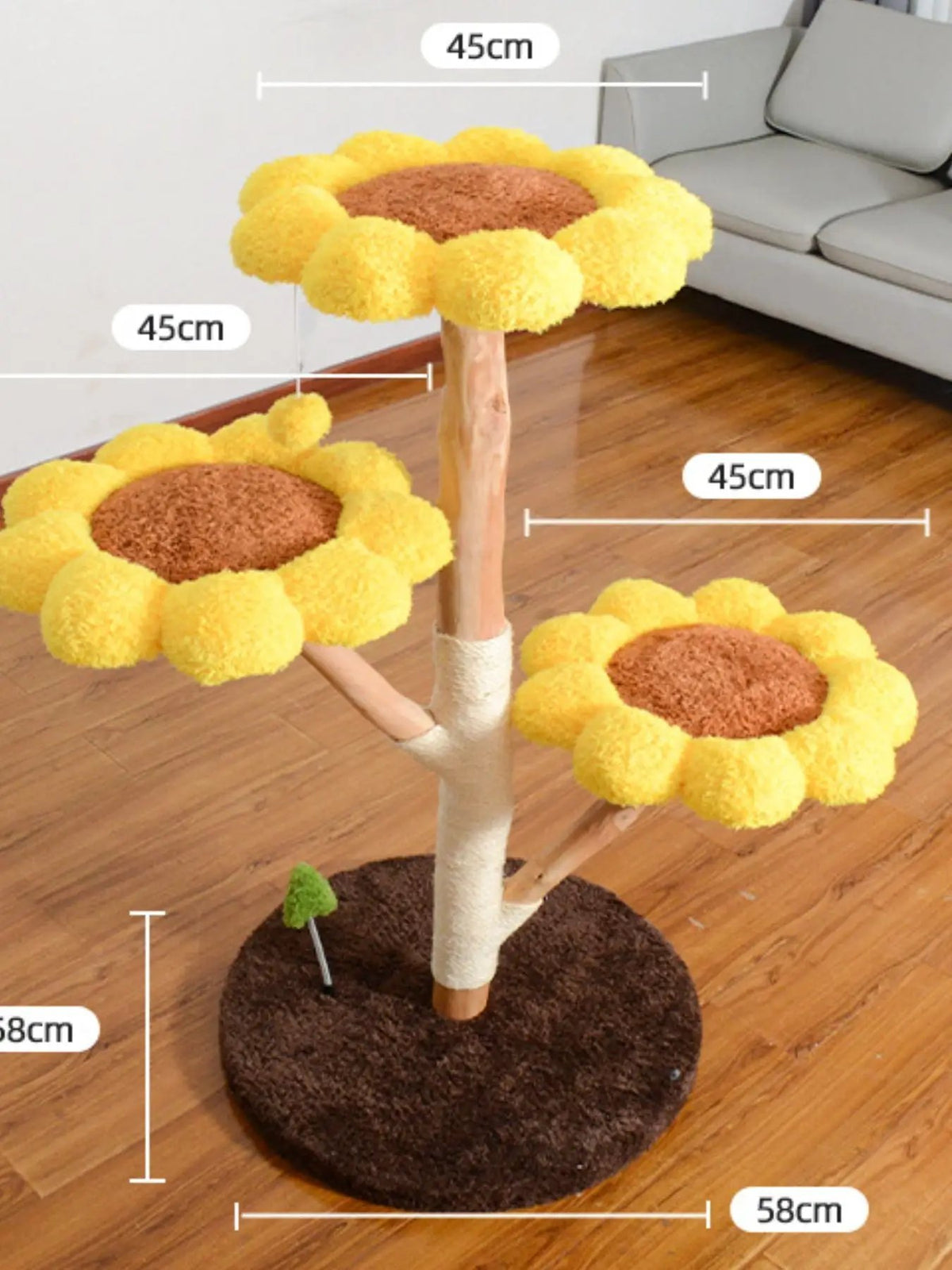 Sunflower Multi-Level Cat Tree & Condo by Pear Daisy, yellow petal platforms with brown centers