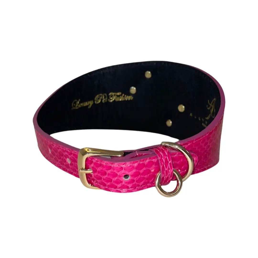 Fuchsia snake wide style collar with 3 Swarovski crystal rivets, gold buckle and ring by Allysa Payne Beverly Hills
