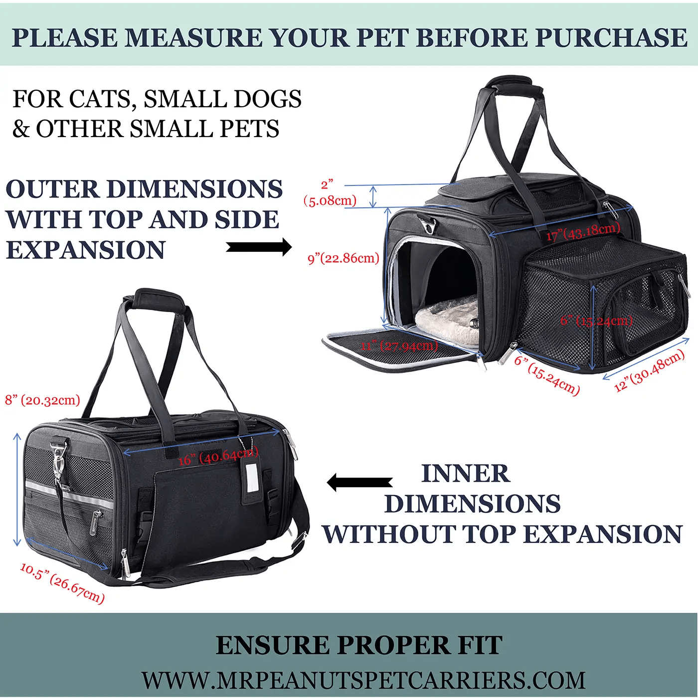 Mr. Peanut's Gold Series Mini Expandable V3.0 pet carrier, black, air travel approved; two-view display (expanded and compact).