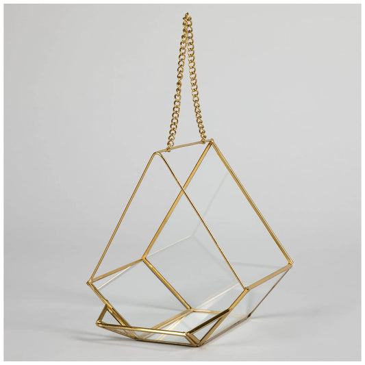 Open Air Glass Bird House by GreaterGood in a gold geometric hanging terrarium.