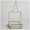 Load image into Gallery viewer, Open Air Glass Bird House, gold-tone metal frame with glass panels hanging from a chain.
