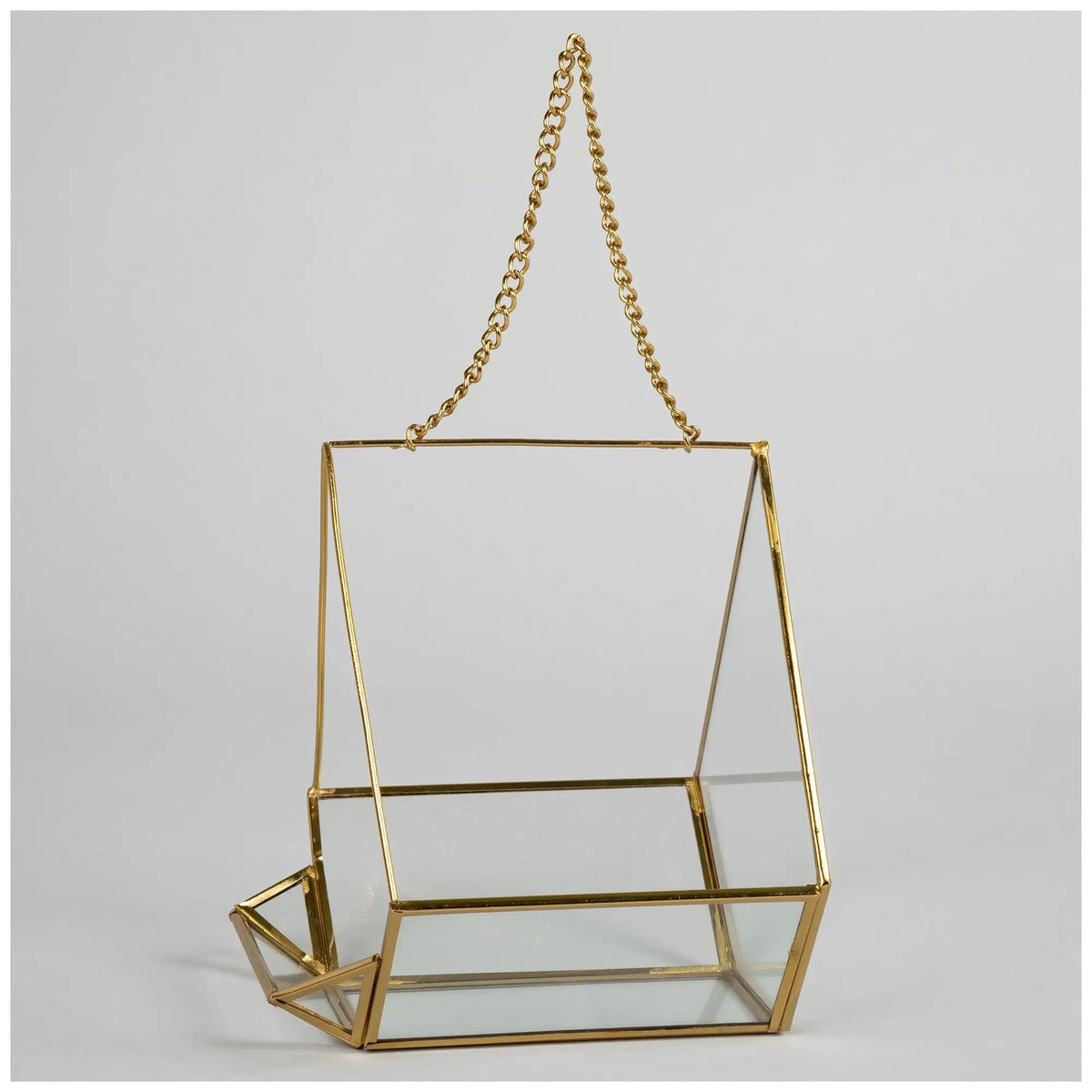 Open Air Glass Bird House, gold-tone metal frame with glass panels hanging from a chain.