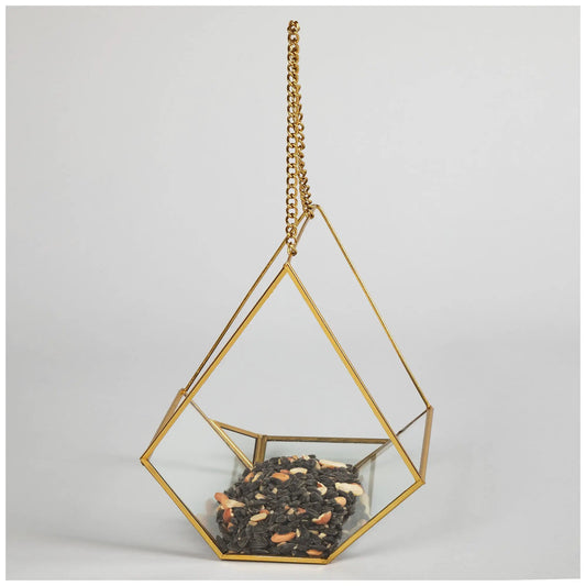Open Air Glass Bird House hanging feeder with a gold frame, filled with mixed seeds for backyard birds.