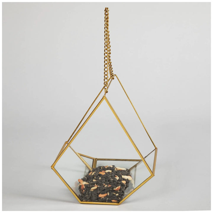 Open Air Glass Bird House hanging feeder with a gold frame, filled with mixed seeds for backyard birds.