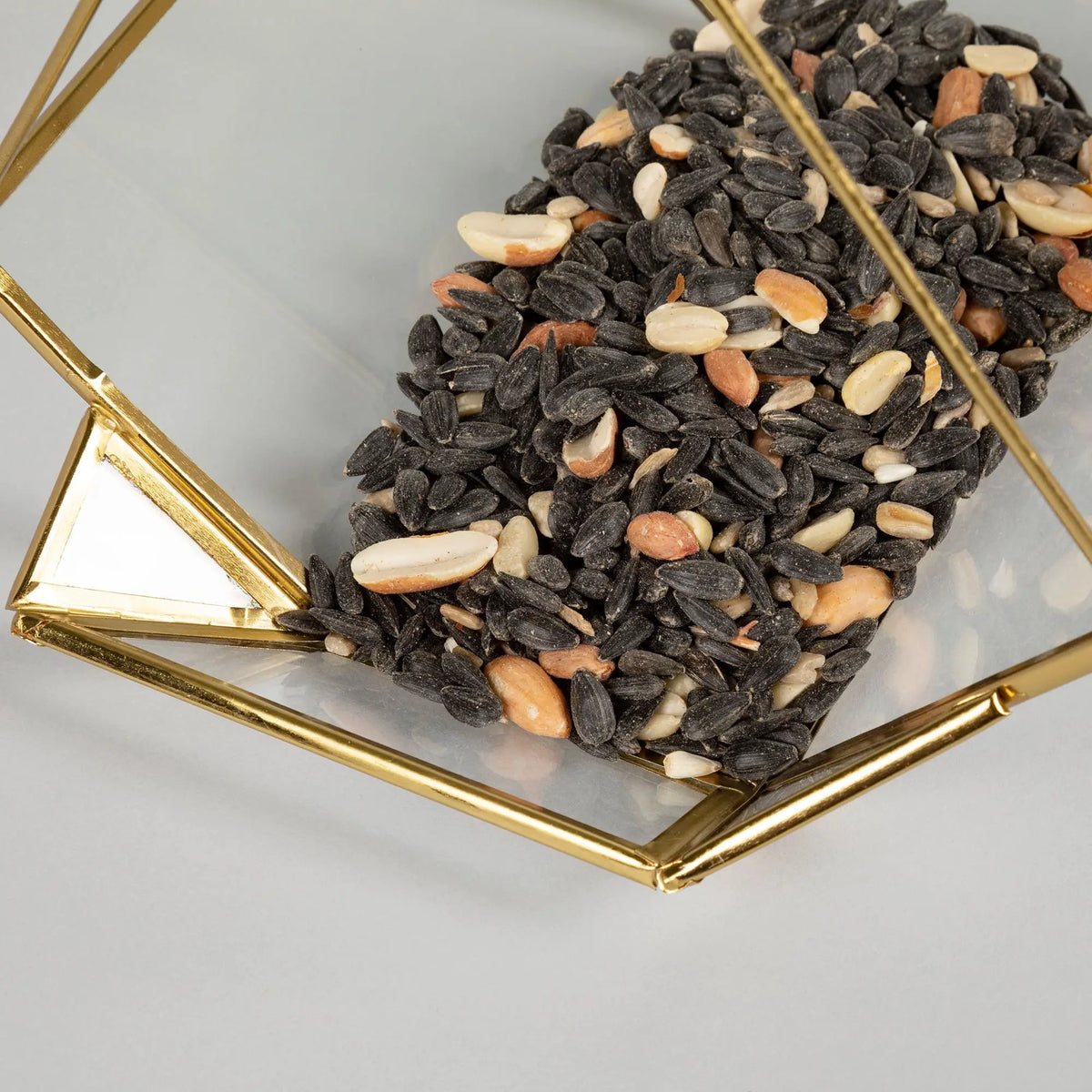 Open Air Glass Bird House; gold frame; seed mix