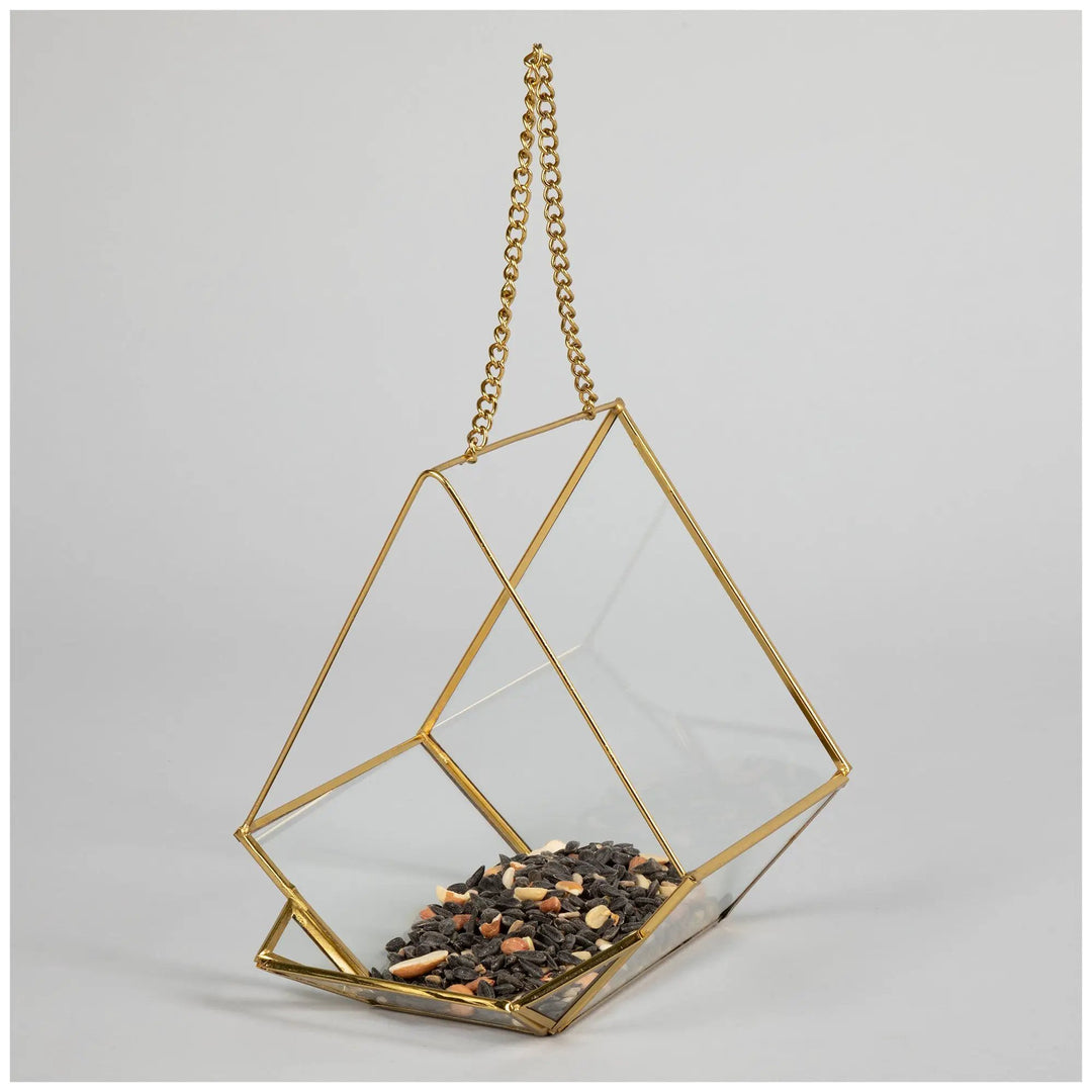 Open Air Glass Bird House by GreaterGood; gold-tone geometric hanging terrarium with glass panels and a pebbled bottom