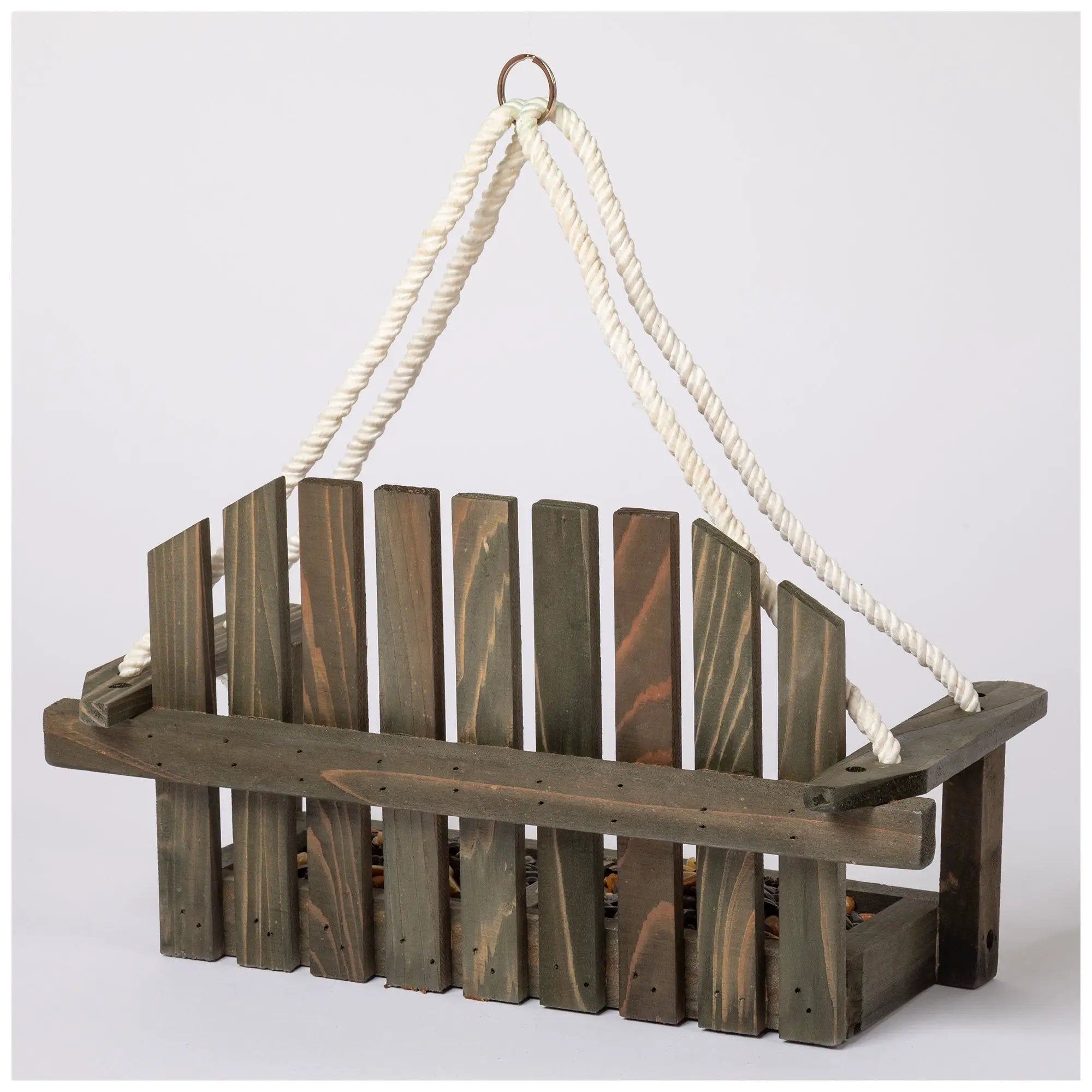 Hanging Bench Bird & Squirrel Feeder by GreaterGood; rustic wooden slats with white rope hanger.