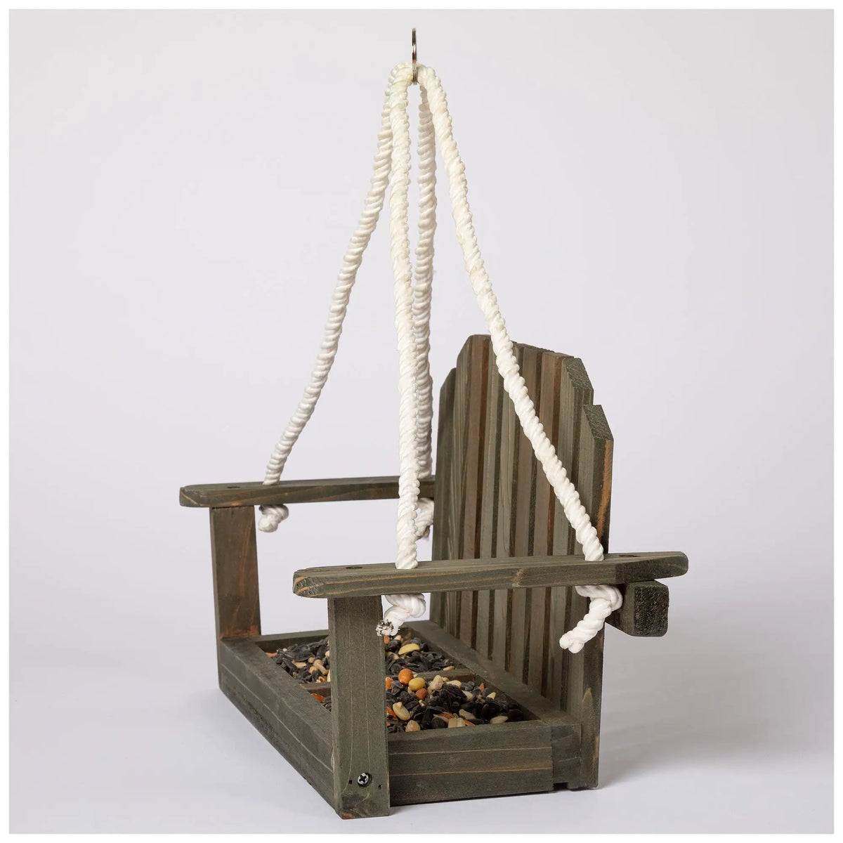 GreaterGood Hanging Bench Bird & Squirrel Feeder in dark wood with white rope, seed-filled tray.