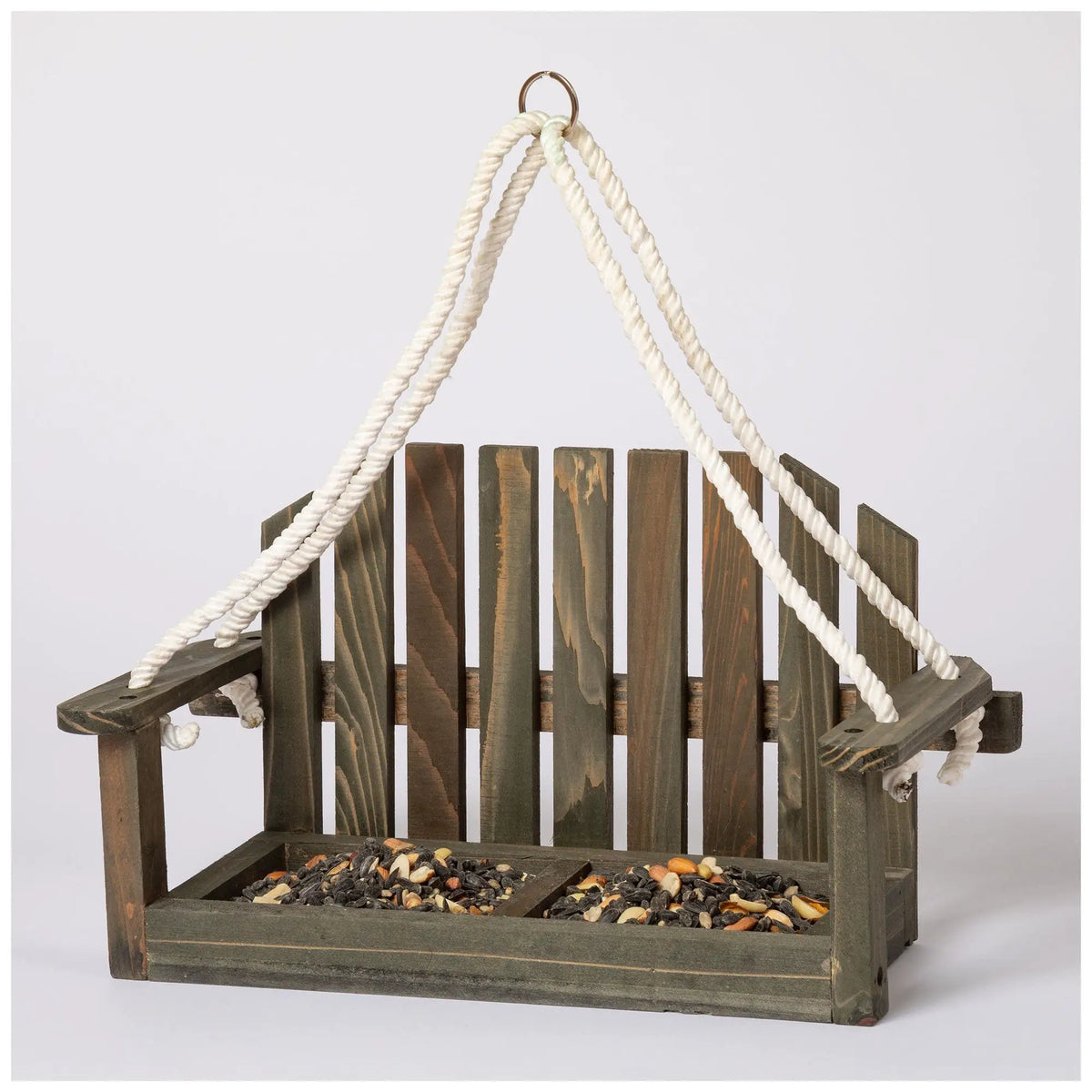Hanging Bench Bird & Squirrel Feeder by GreaterGood; wooden slatted tray with white rope hanger.