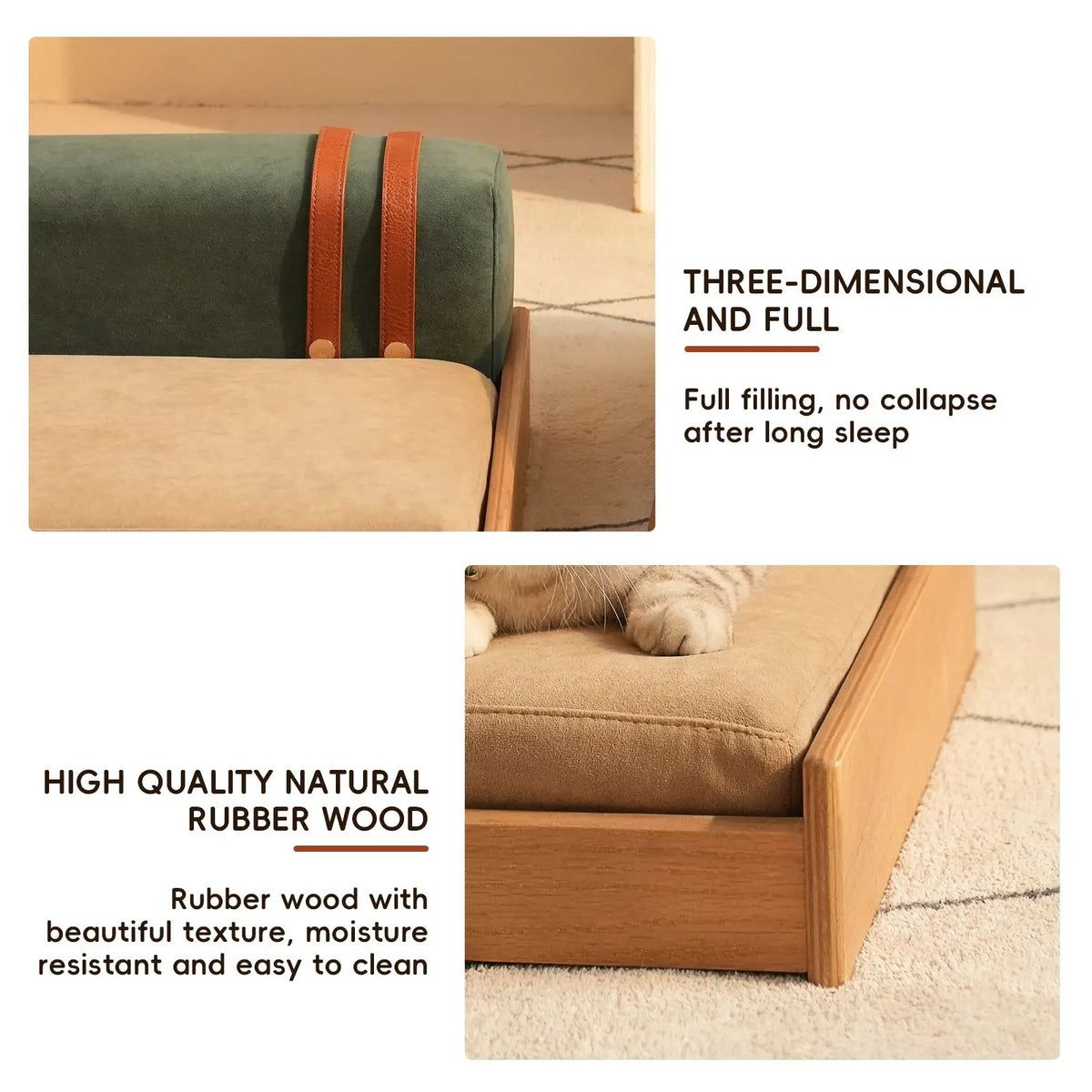 Modern Wooden Pet Bed for Cats & Dogs by Home Furnishers with green cushion and leather straps