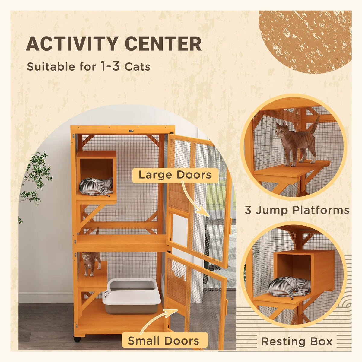 PawHut cat enclosure feature diagram showing three platforms, a resting box, and large doors with smaller access doors