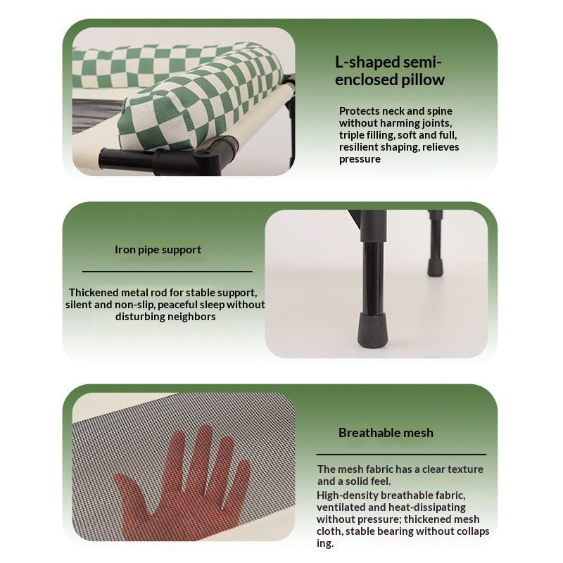 Checkered bolster metal legs and mesh close-ups