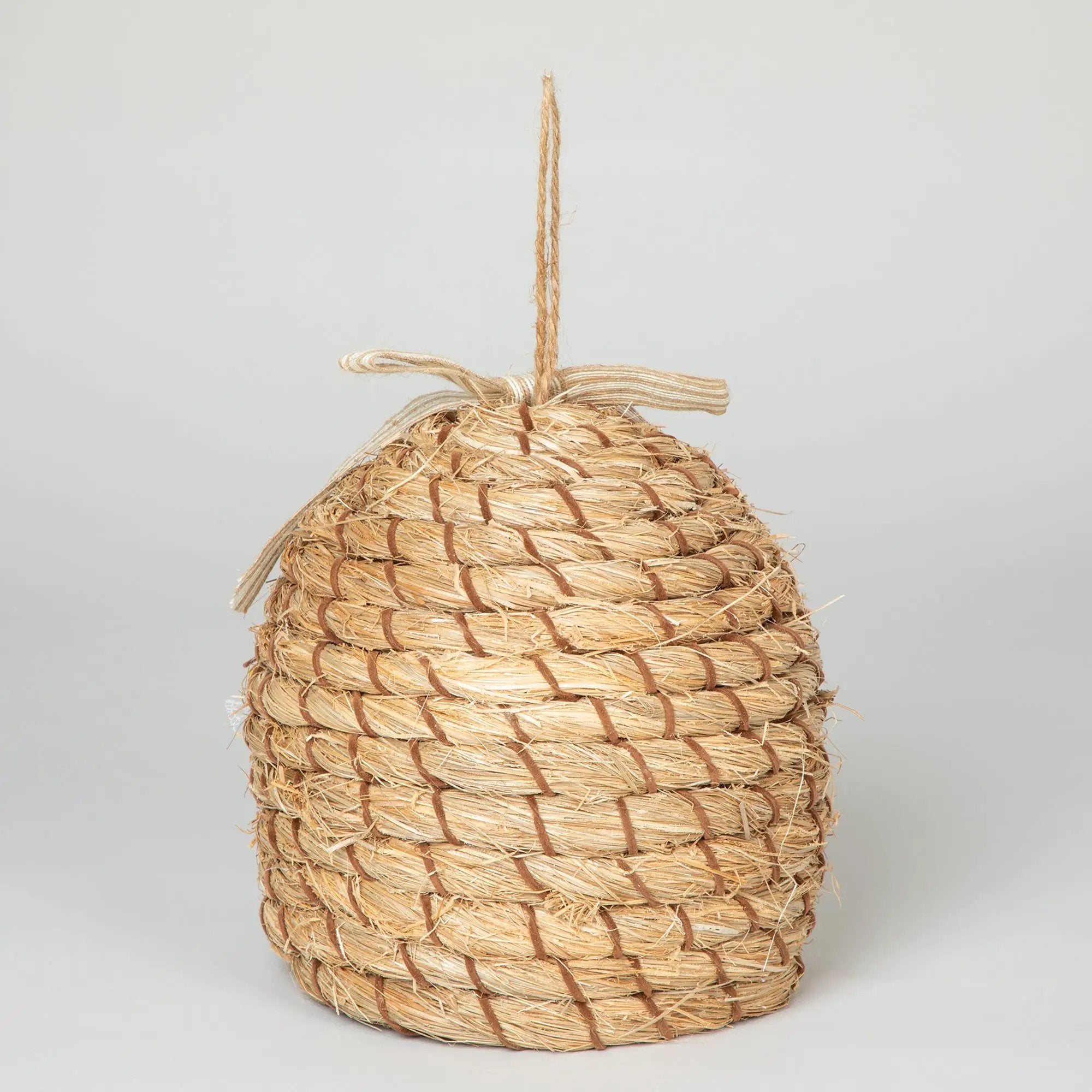 Beehive birdhouse, natural straw construction, backyard habitat hanging on rope