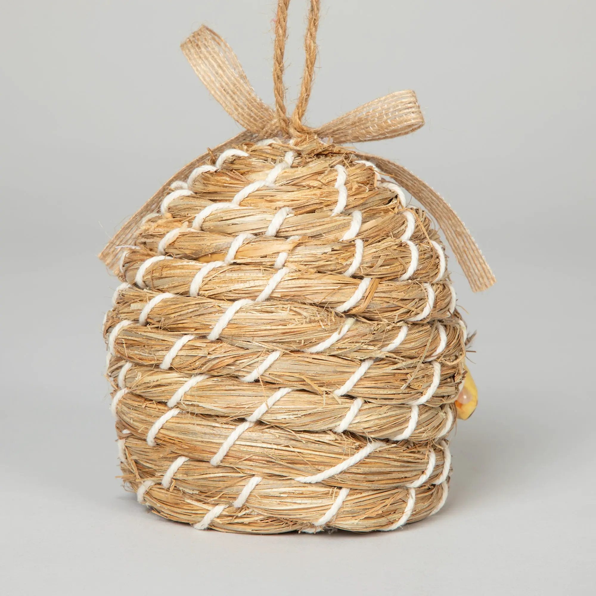 GreaterGood Beehive Birdhouse, natural straw weave with white rope detailing for backyard habitat