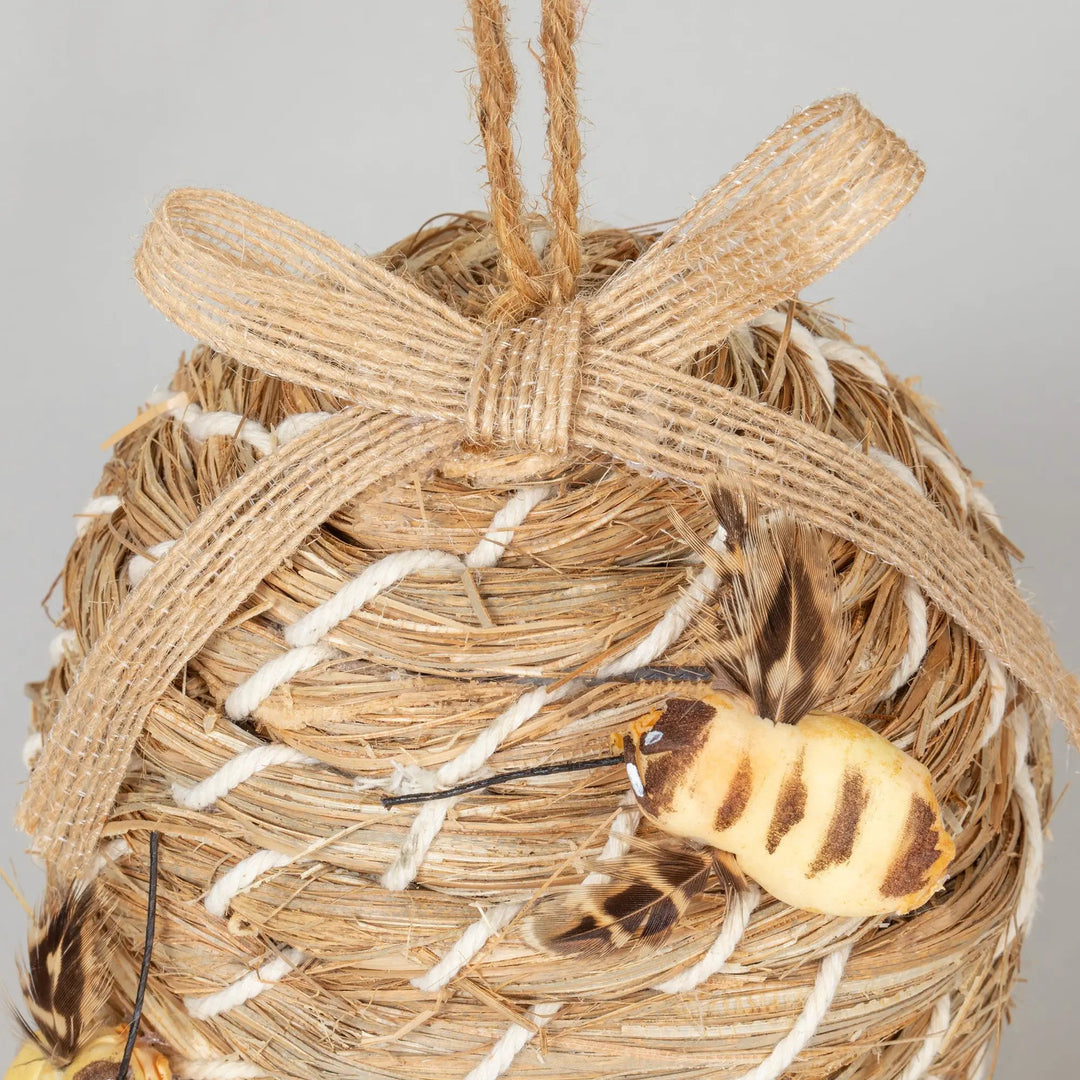 Beehive Birdhouse for Wild Birds with decorative bees and rope bow detail