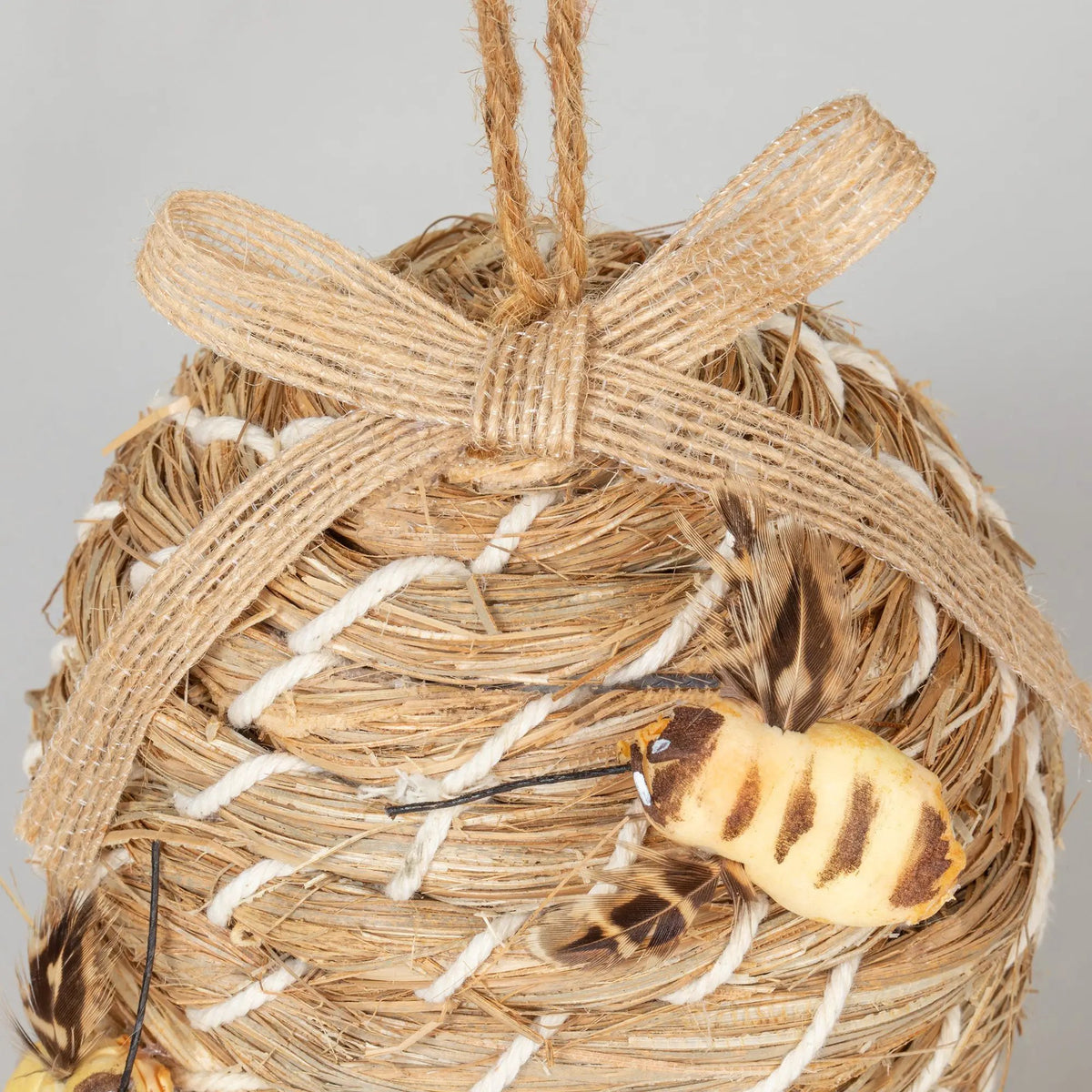 Beehive birdhouse; beige natural fiber, hanging design.