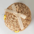Load image into Gallery viewer, Beehive birdhouse with natural straw texture, brown accents, and striped ribbon
