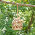 Load image into Gallery viewer, Beehive Birdhouse, natural woven hanging design with jute rope and bee accents.
