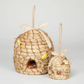 Load image into Gallery viewer, Three beehive birdhouses; natural woven straw with jute hangers and bee accents
