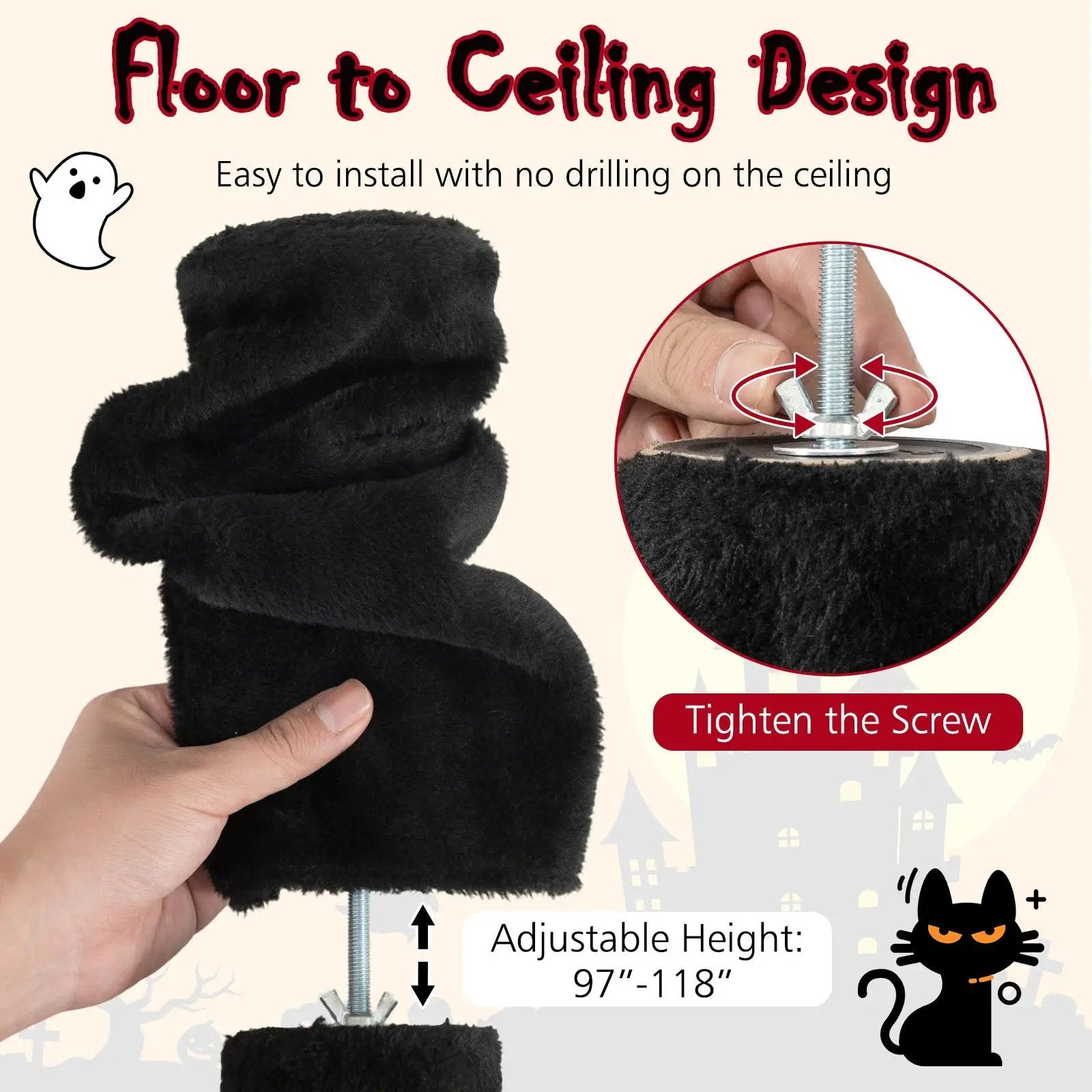 Floor-to-Ceiling Gothic Cat Tree by DirectDeals, black plush, 97–118 in, 5-tier with condo