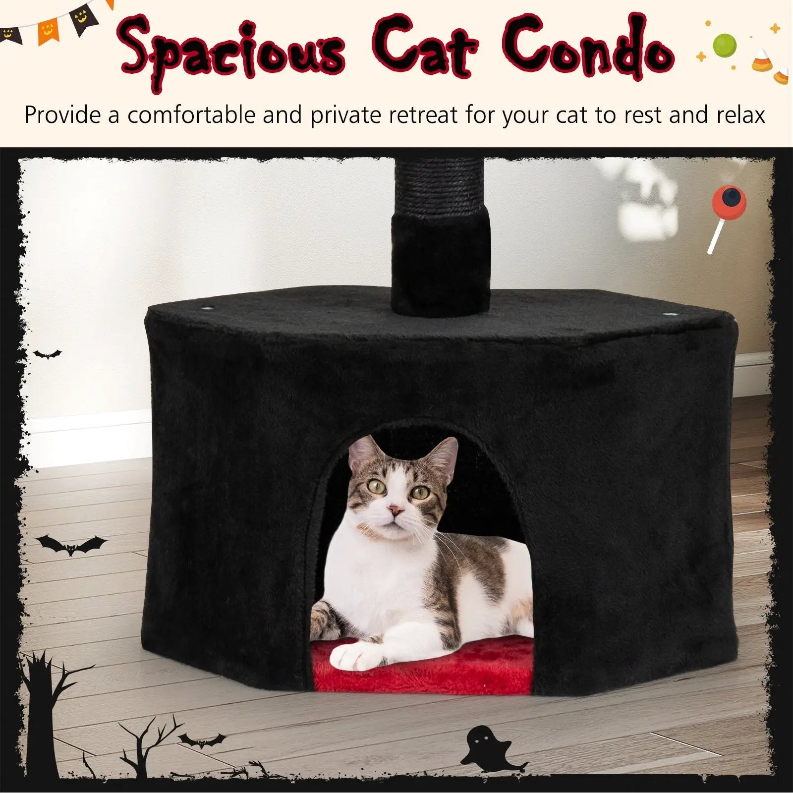 DirectDeals Gothic Cat Tree, black floor-to-ceiling 5-tier with condo; cat peeking out