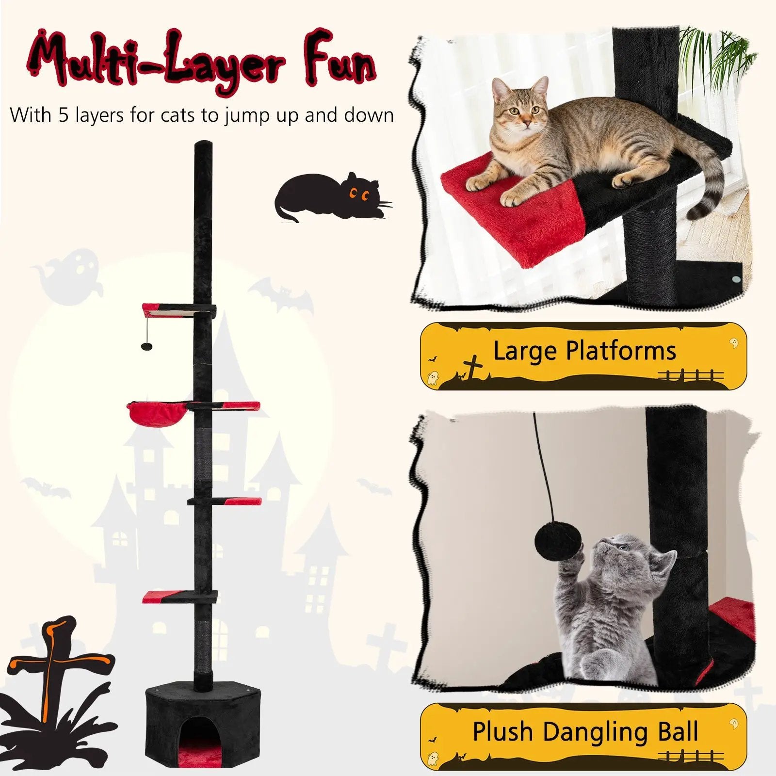 Floor-to-Ceiling Gothic Cat Tree, black, 97–118 in, 5-tier with condo by DirectDeals.