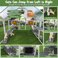 Load image into Gallery viewer, Large outdoor cat enclosure with planter stand, wooden grey-and-white cat house and walk-in catio.
