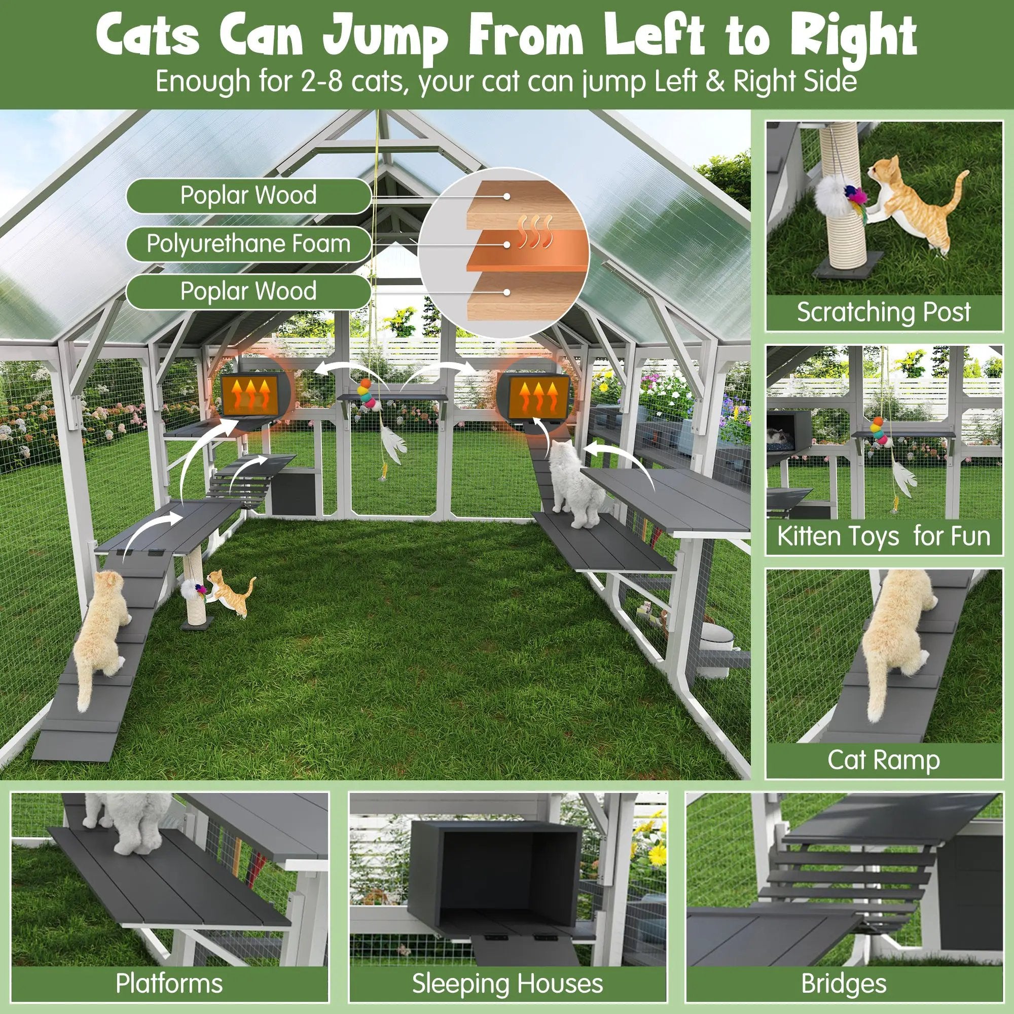 Large outdoor cat enclosure with planter stand, wooden grey-and-white cat house and walk-in catio.
