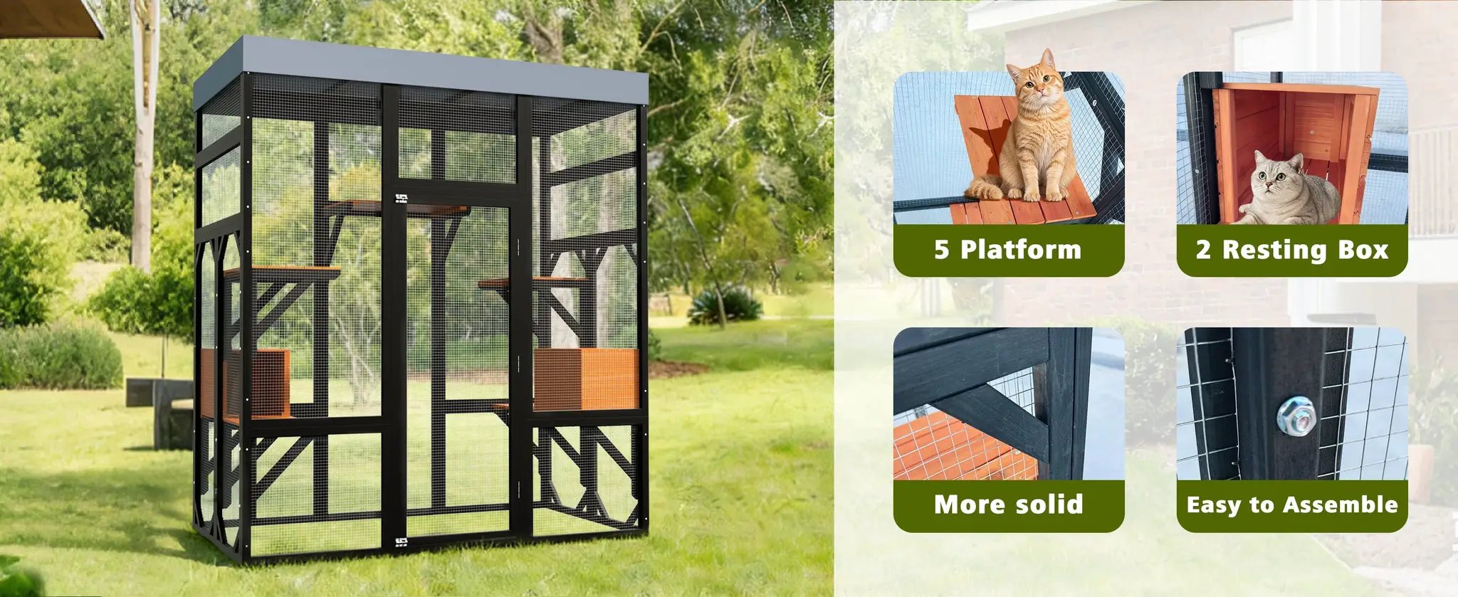 Premium Solid Wood Pet Enclosure in a black metal frame with mesh panels and interior wooden platforms