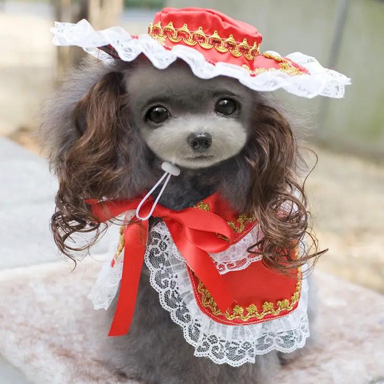 Dog Christmas outfit with red cape, gold trim, white lace, and matching hat