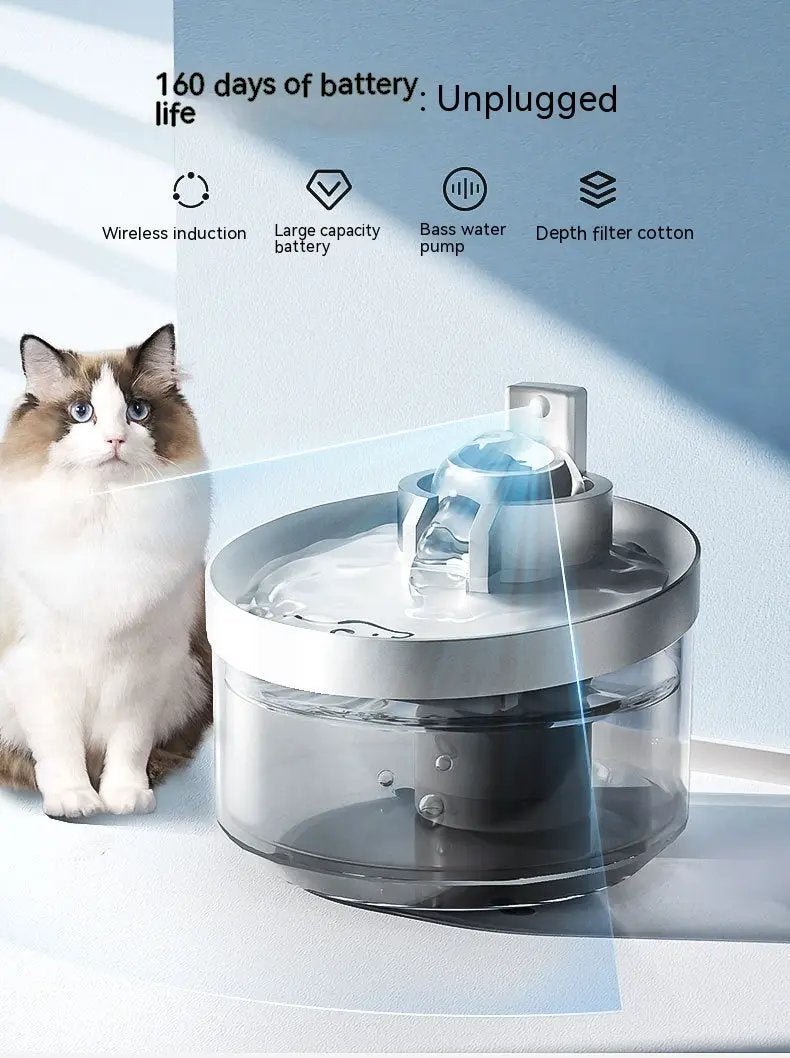 Cat water fountain wireless induction drink fountain, clear reservoir with grey lid for cats & dogs