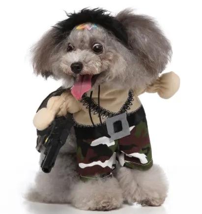 Pet Zen cosplay dog outfit with standing camouflage pants, beige top, black headband with rainbow bow, and toy gun prop