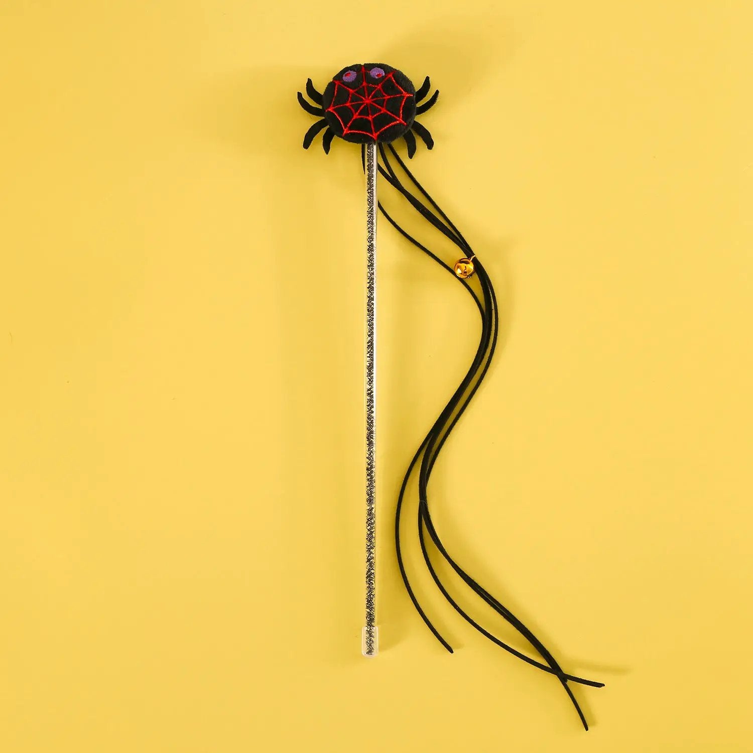 Halloween Cat Teaser Stick with plush black spider featuring red web on silver glitter wand and black tassels