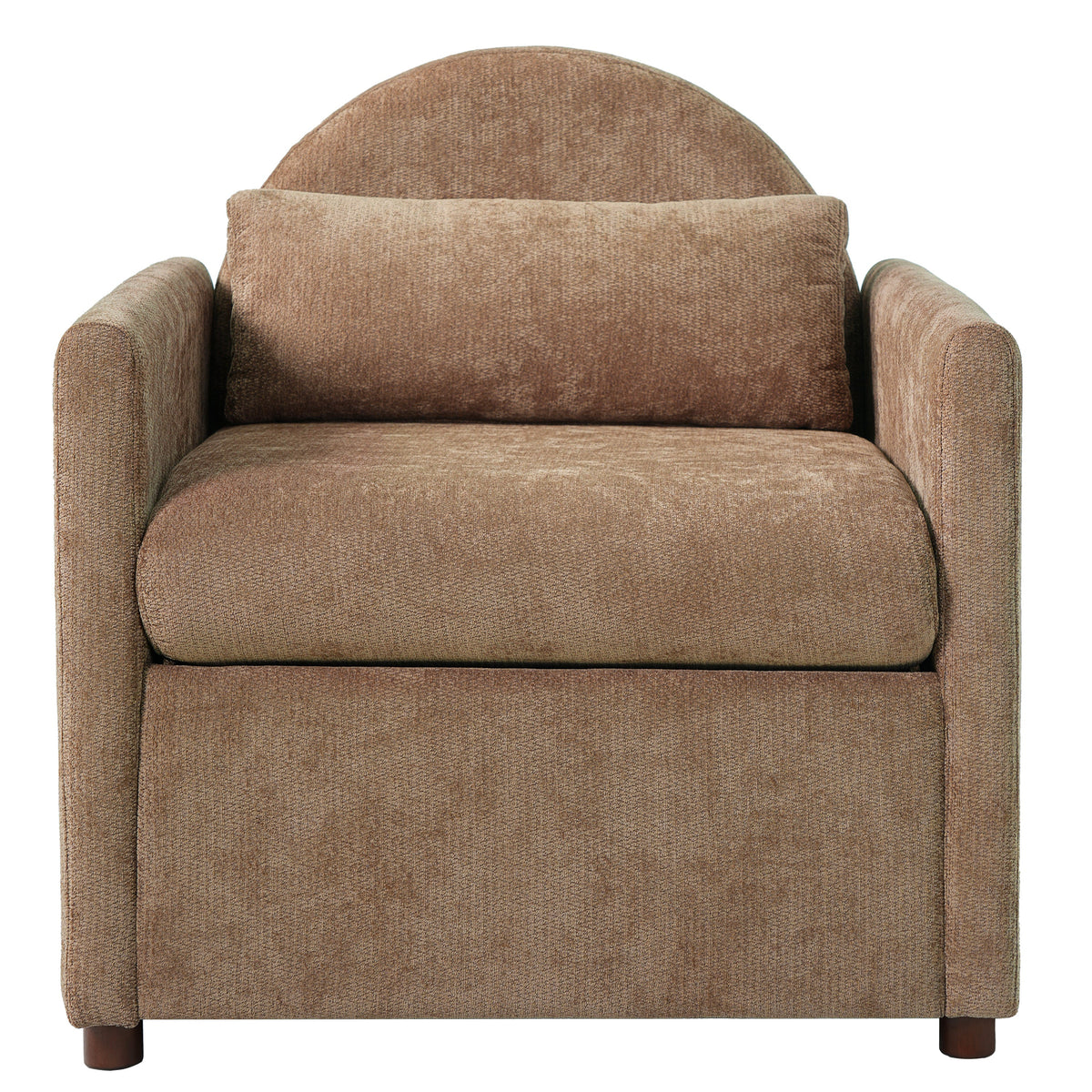 Coffee brown textured fabric accent chair with rounded arms and wooden legs
