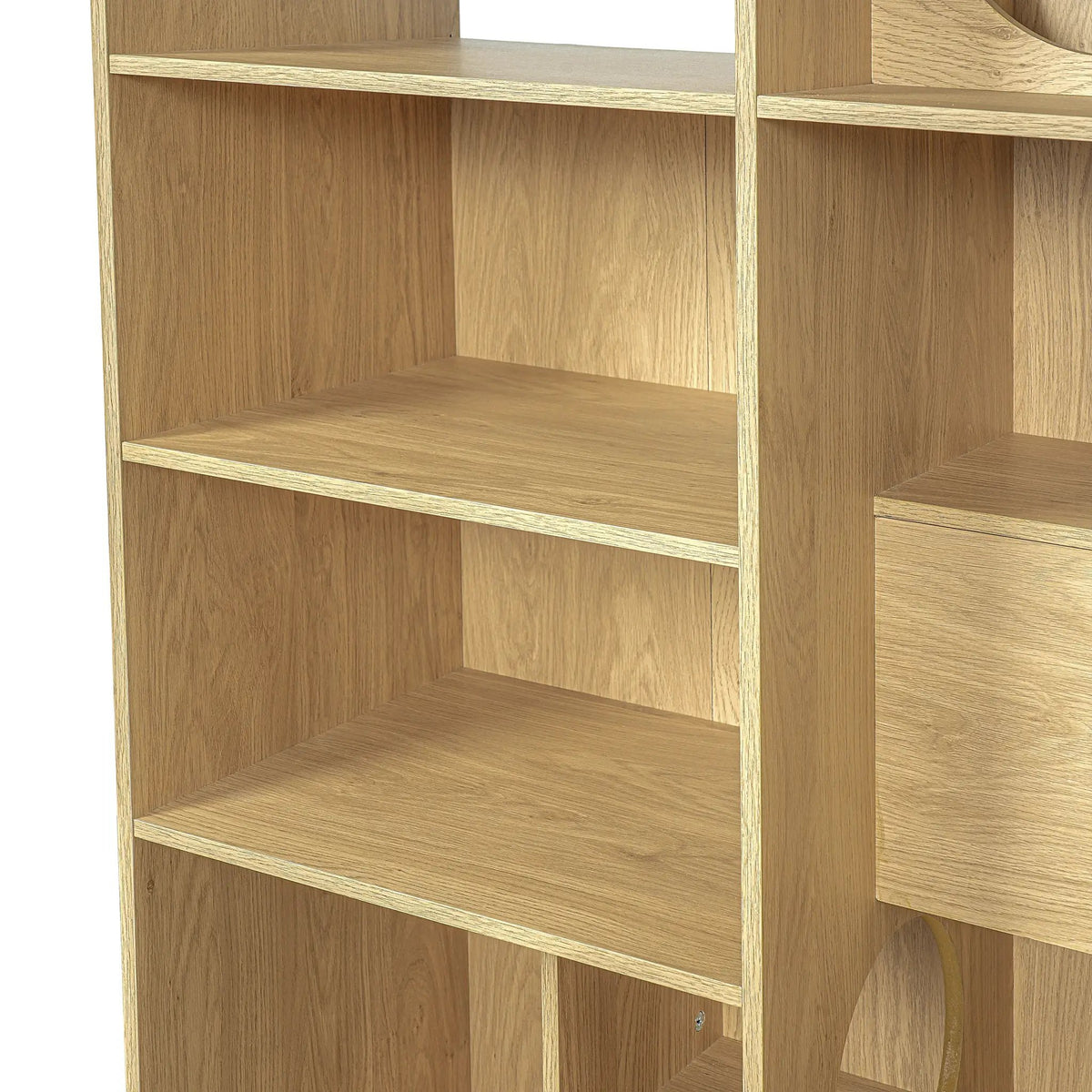 Modern 2-in-1 wooden cat house bookshelf by Sangria Beech, natural beech finish with open cubby shelves