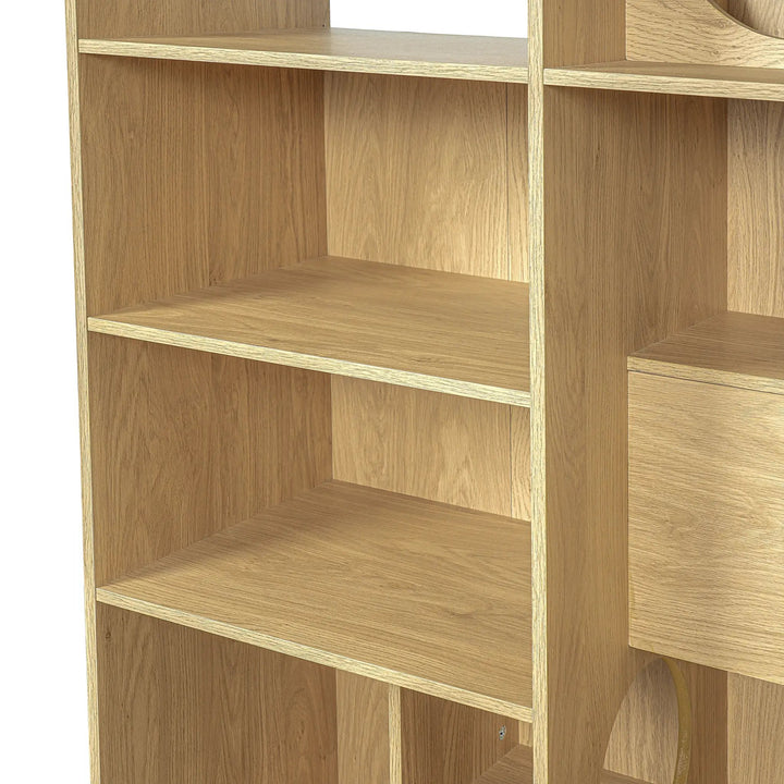 Close-up of open display shelves and vertical dividers on The Curator Cat Bookshelf in Natural